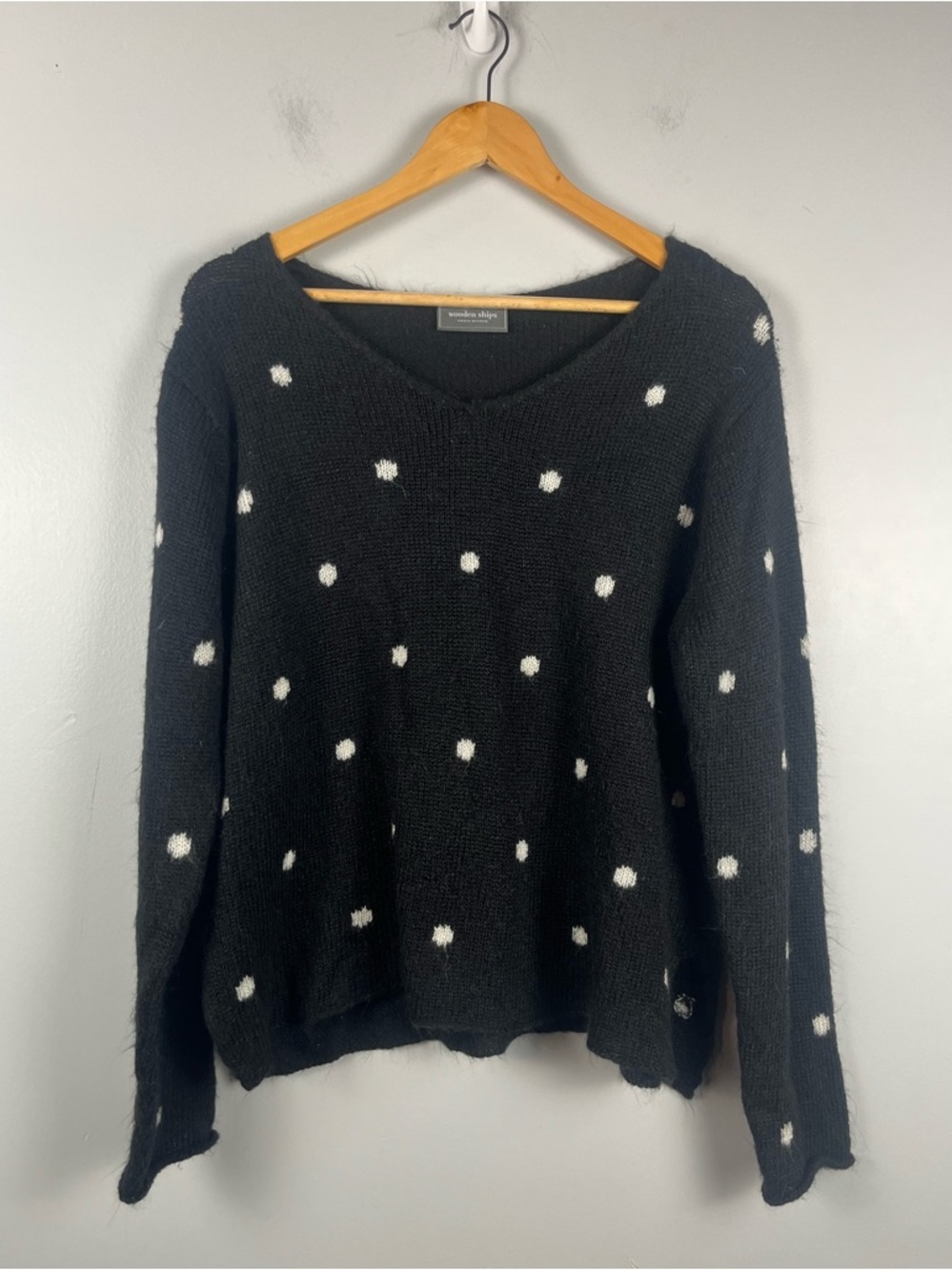 Wooden Ships Black White wool blend polka dot sweater size small/medium handknit